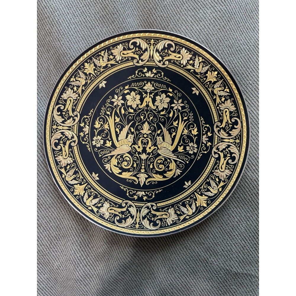 Vintage Midas Damascene 24K Gold Inlay Shallow Bowl Footed 6.25" Doves